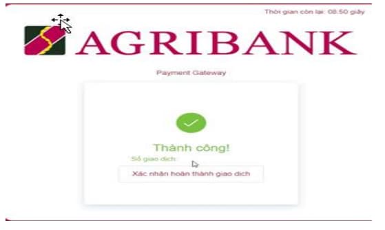 + Sau khi nhập chính xác mã xác thực OTP và chọn chức năng “Thanh toán”, hệ thống Agribank trích Nợ tài khoản của khách hàng và Ghi có Tài khoản của Bộ Giáo dục đồng thời xác nhận thanh toán thành công với Quý khách hàng