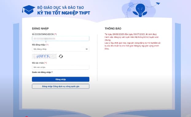Bước 1: Truy cập vào trang http://thisinh.thitotnghiepthpt.edu.vn/ và đăng nhập tài khoản