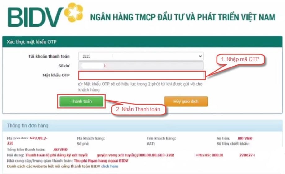 – Nhập đầy đủ thông tin thanh toán như số tài khoản ngân hàng, rồi nhấn Xác nhận