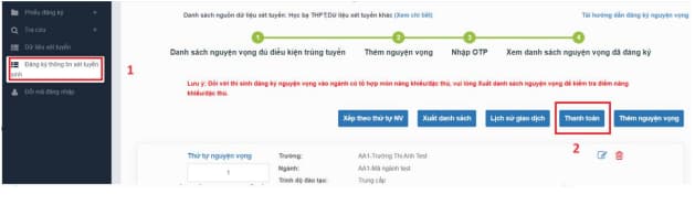 Bước 2: Nhấp vào mục Tra cứu bên trái, chọn mục Đăng ký thông tin xét tuyển và nhấn nút “Thanh toán”