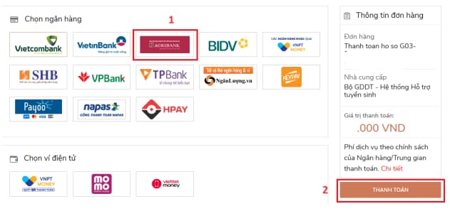 (1) Cách thanh toán nguyện vọng Đại học 2025 qua tài khoản Ngân hàng Agribank