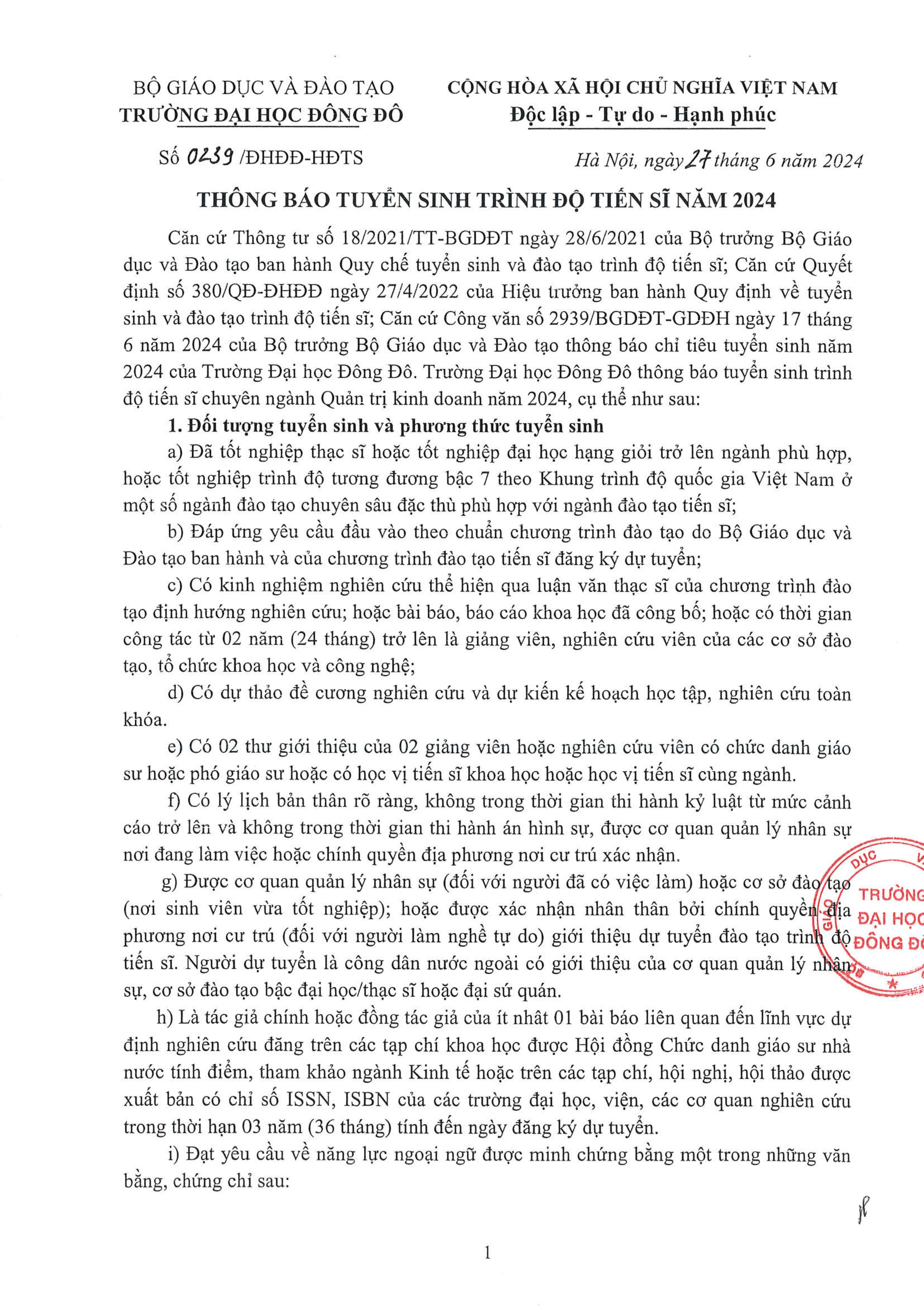 Th&ocirc;ng b&aacute;o tuyển sinh tr&igrave;nh độ Tiến sĩ năm 2024