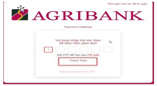 + Kh&aacute;ch h&agrave;ng nhập th&ocirc;ng tin tại &ocirc; &ldquo;T&agrave;i khoản thanh to&aacute;n&rdquo; v&agrave; &ldquo;Giấy tờ t&ugrave;y th&acirc;n&rdquo;, kiểm tra th&ocirc;ng tin thanh to&aacute;n sau đ&oacute; chọn &ldquo;Tiếp tục&rdquo;. Hệ thống Agribank gửi m&atilde; x&aacute;c thực OTP đến số điện thoại m&agrave; kh&aacute;ch h&agrave;ng đ&atilde; đăng k&yacute; dịch vụ Thương mại điện tử của Agribank.